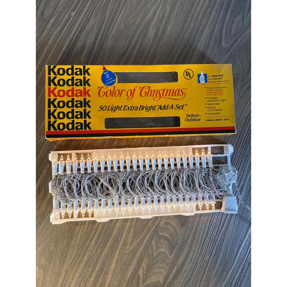 Vintage 1991 Kodak Christmas Lights 50 Count Clear White Wire Add-A-Set Open Box